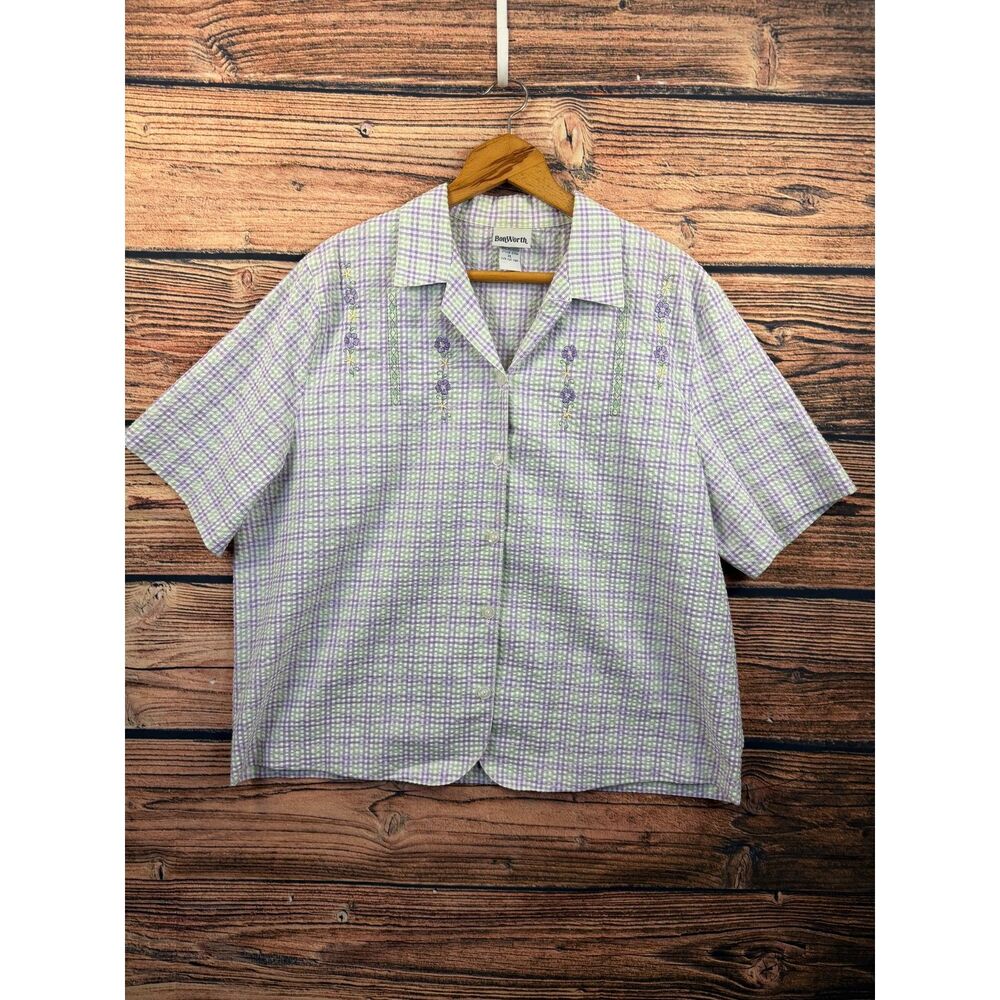 BonWorth Womens XL Purple Green Plaid Floral Embroidered Button Up Shirt 4627